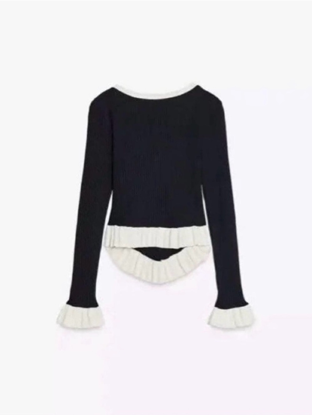 Zara Black Ribbed Sweater Ruffle Hem Deep V Neck Contrast Trim Size Medium - Picture 3 of 8
